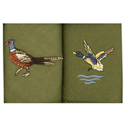 David Aster Pheasant and Duck Country Embroidered Cotton Handkerchief Set - Green