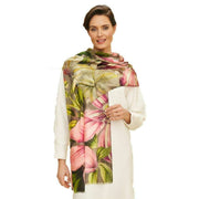 Powder Wool Wrap Oversized Botanicals Scarf - Slate Green