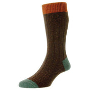 Scott Nichol Thornham Merino and Silk Rib Contrast Heel and Toe Socks - Dark Brown Fleck