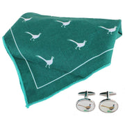 David Van Hagen Pheasant Handkerchief and Cufflink Set - Green/White