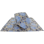 Michelsons of London Textured Rose Floral Polyester Tie and Pocket Square Set - Taupe/Blue